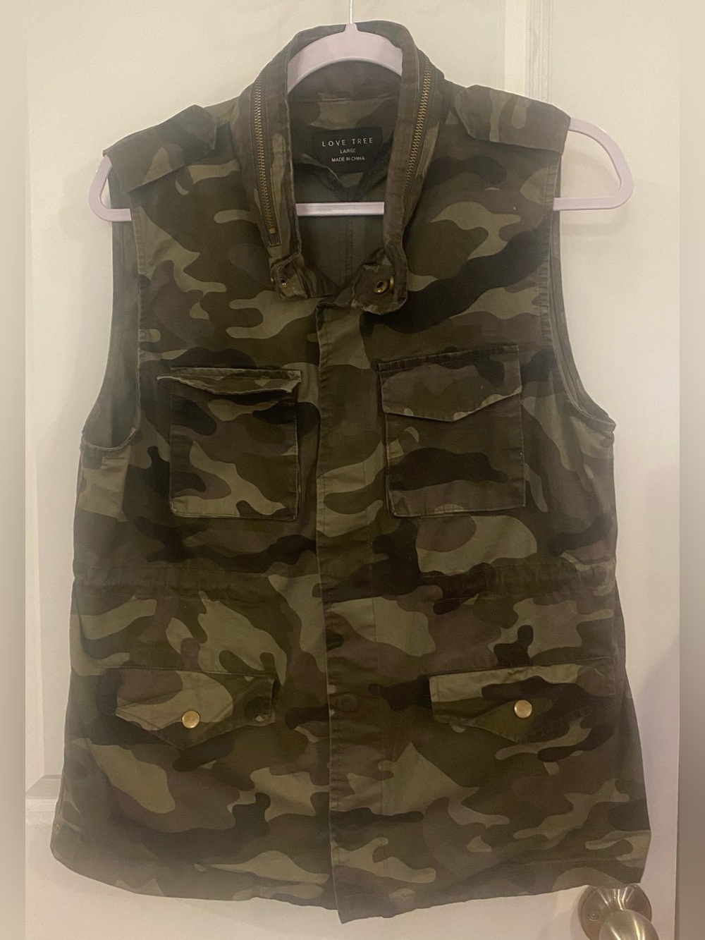 Love Tree Ultility Vest Sz L Olive Green Camo Snap Front Drawstring Waist